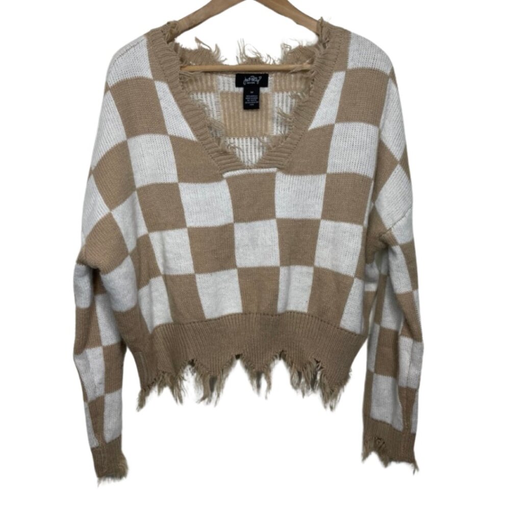 JUST POLLY | Tan & White Checkered Long Sleeve Sweater with Frayed Hem | Size M